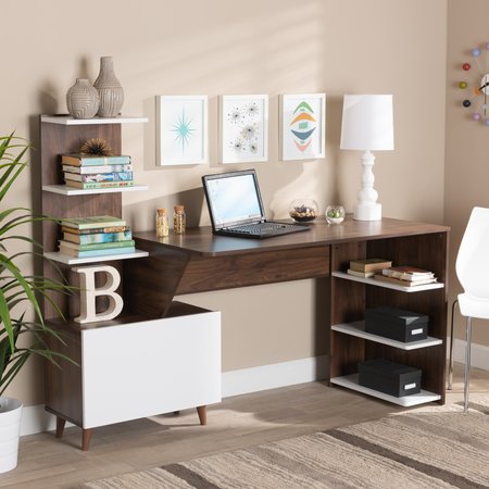 Baxton Studio Tobias Mid-Century Two-Tone White and Walnut Brown Finished Wood Storage Computer Desk with Shelves 181-11692-Zoro